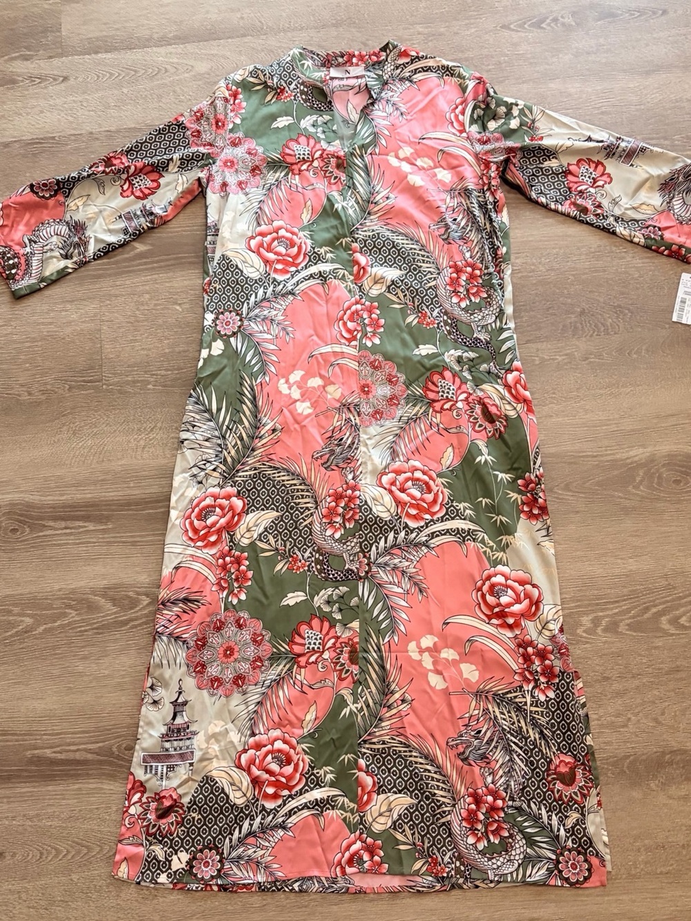 Natori Coral & Olive Floral Maxi Dress Or Night Gown
